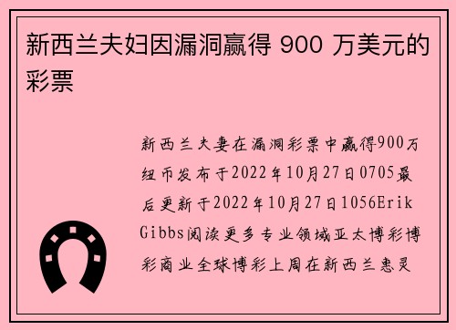 新西兰夫妇因漏洞赢得 900 万美元的彩票 
